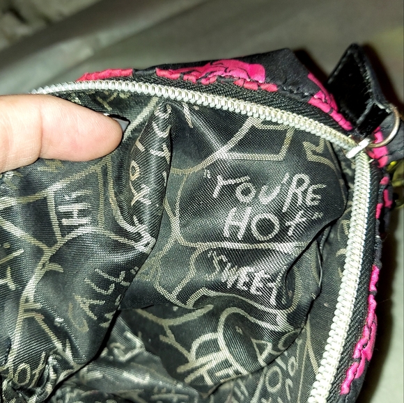 Betsey Johnson Mini Crossbody Fabric bag with skulls and roses. - Picture 2 of 3
